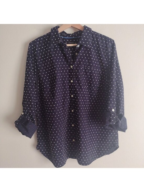 Talbots Tops - Talbots Navy Polka Dot Button-Up Shirt 16 Lightweight Cotton Dotted Swiss Top
